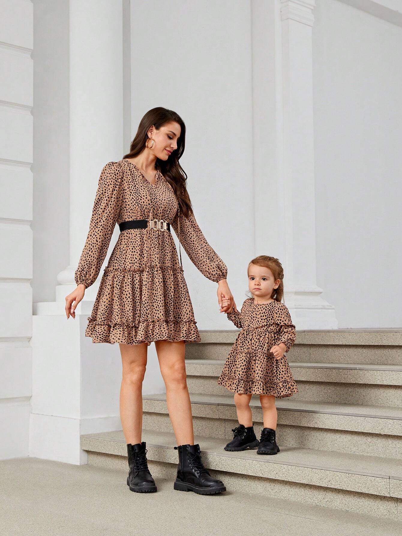 “Mom & Me Leopard Bow Dress – V-Neck, Long Sleeve, Ruffle Hem & High Waist”