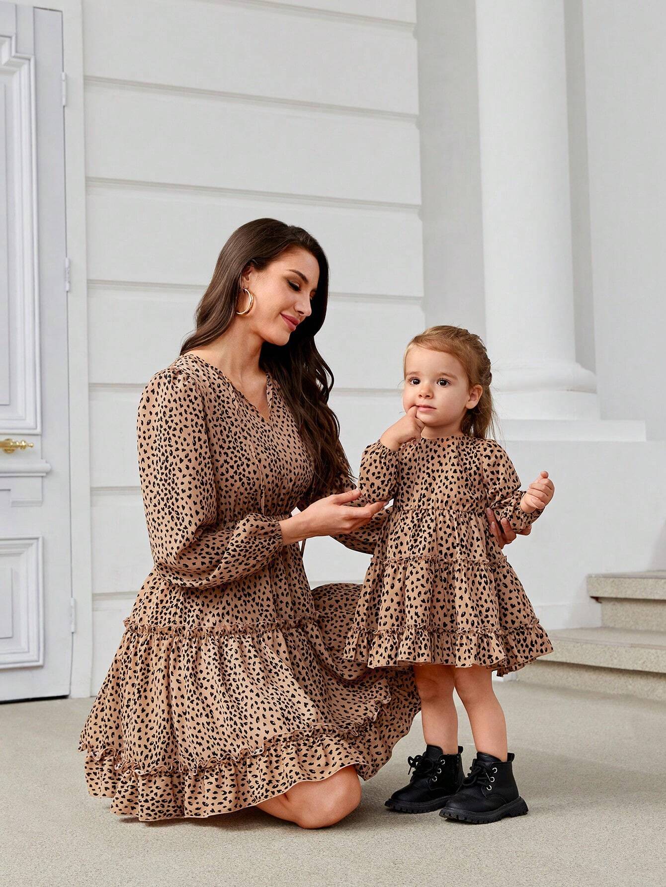 “Mom & Me Leopard Bow Dress – V-Neck, Long Sleeve, Ruffle Hem & High Waist”