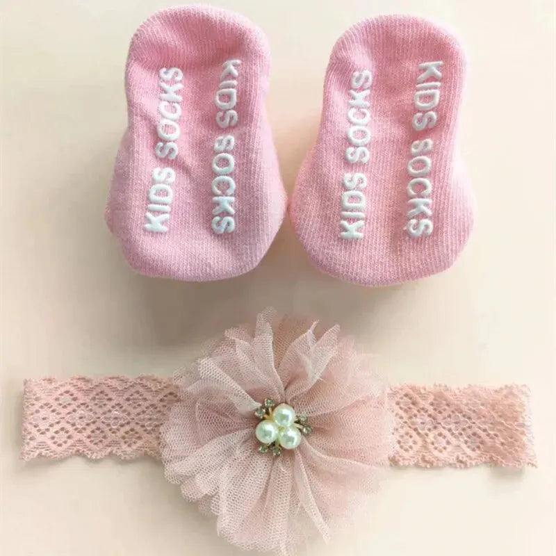 Pearl Bow Baby Headband & Non-Slip Cotton Socks Set