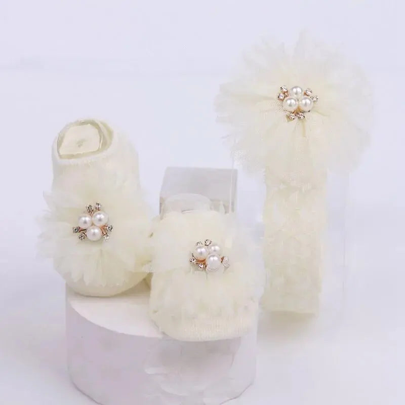 Pearl Bow Baby Headband & Non-Slip Cotton Socks Set