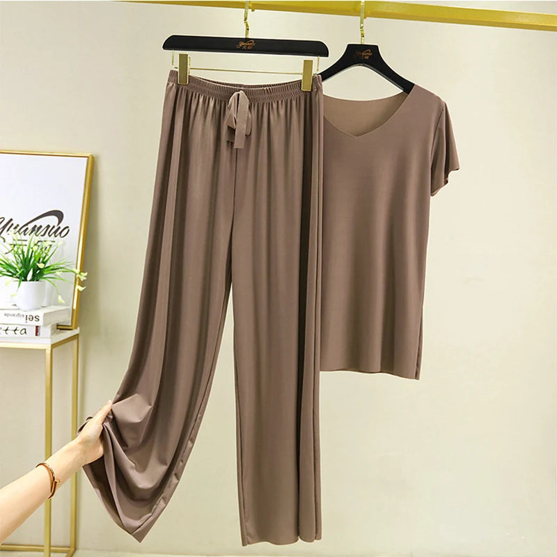 Women’s 2-Piece Summer Set – Top & Wide-Leg Pants, Elegant Casual Look