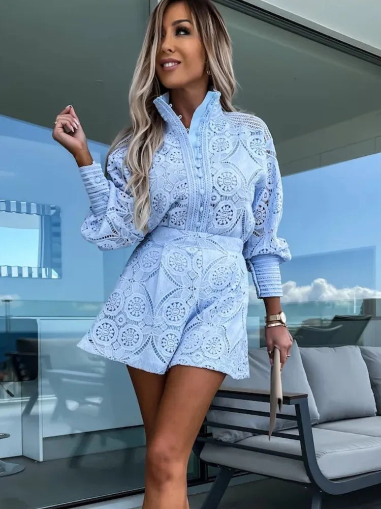 Vintage White Lace Shirt & Shorts Set – Women’s Spring/Summer 2-Piece Elegant Outfit