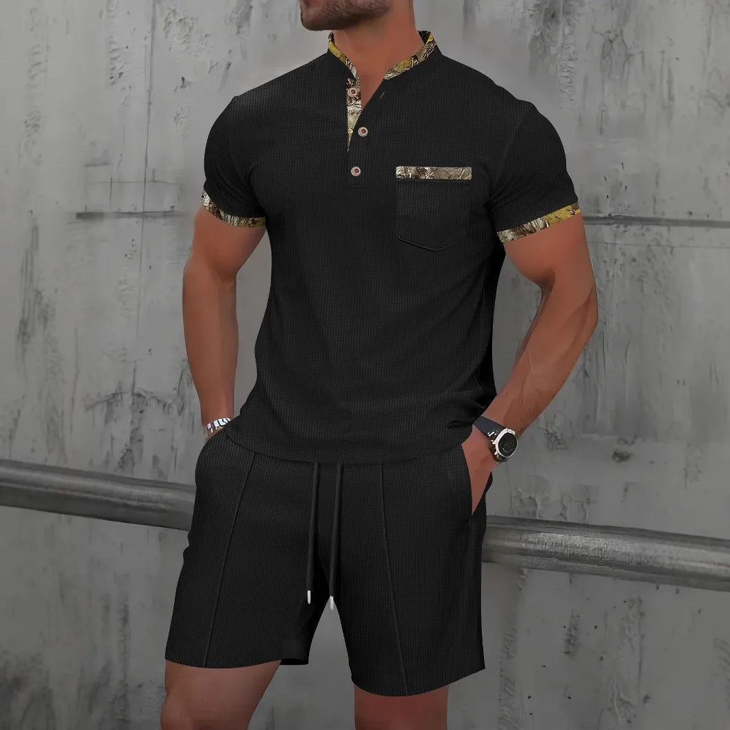 Men’s Summer Waffle Zip-Up Short Sleeve Set – Solid Color Shorts & Top