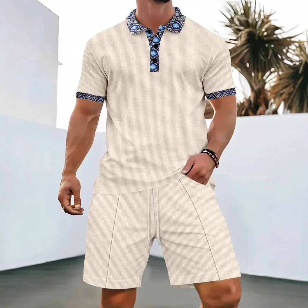 Men’s Summer Waffle Zip-Up Short Sleeve Set – Solid Color Shorts & Top