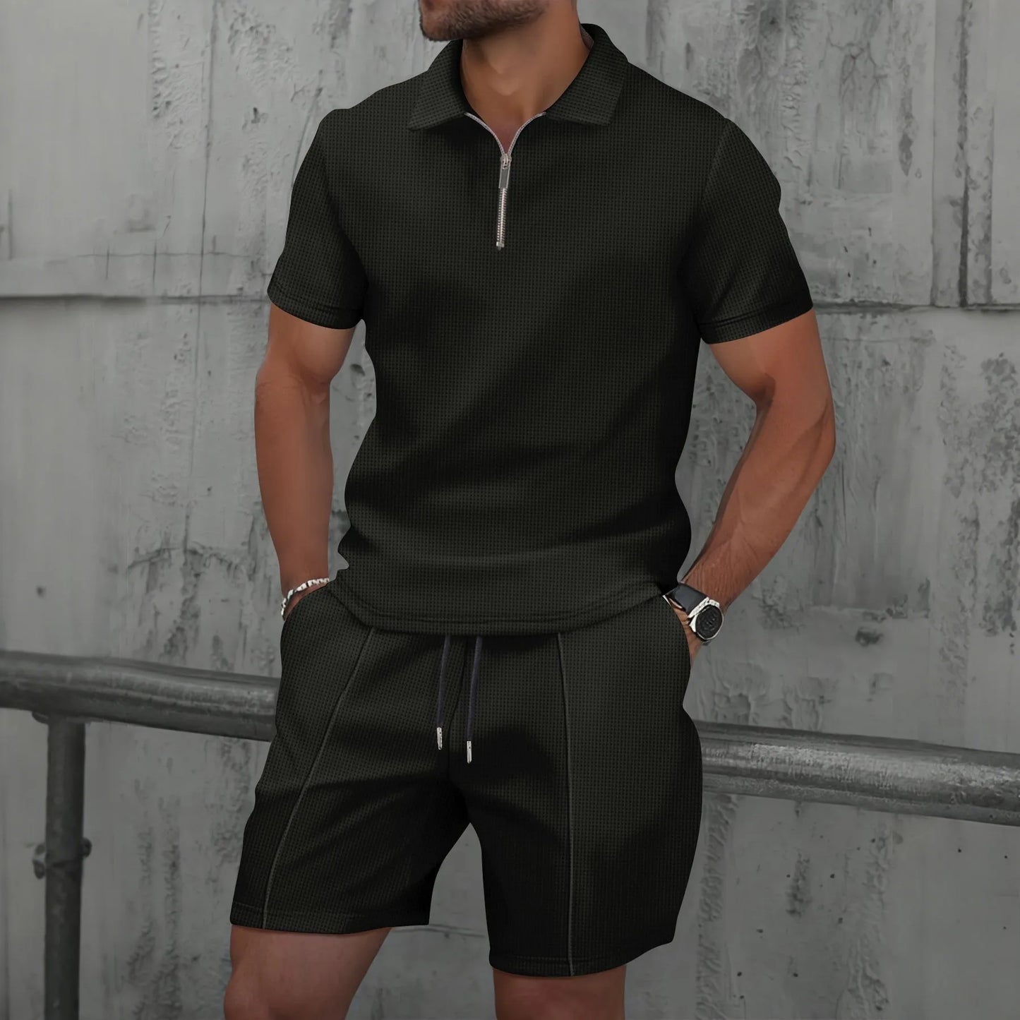 Men’s Summer Waffle Zip-Up Short Sleeve Set – Solid Color Shorts & Top