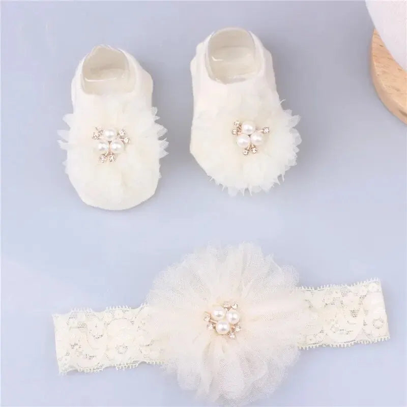 Pearl Bow Baby Headband & Non-Slip Cotton Socks Set