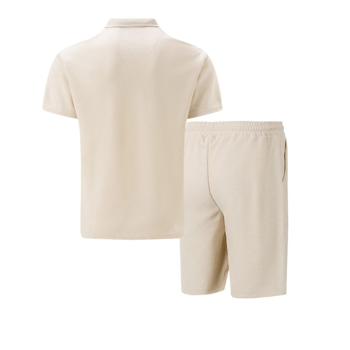 Men’s Summer Waffle Zip-Up Short Sleeve Set – Solid Color Shorts & Top