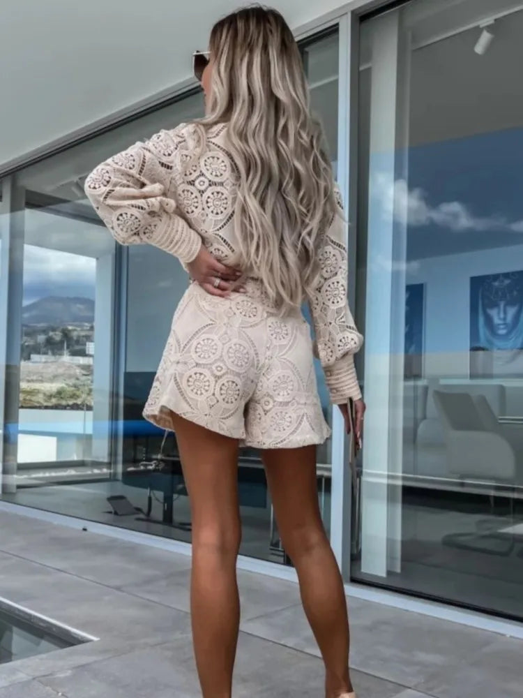 Vintage White Lace Shirt & Shorts Set – Women’s Spring/Summer 2-Piece Elegant Outfit