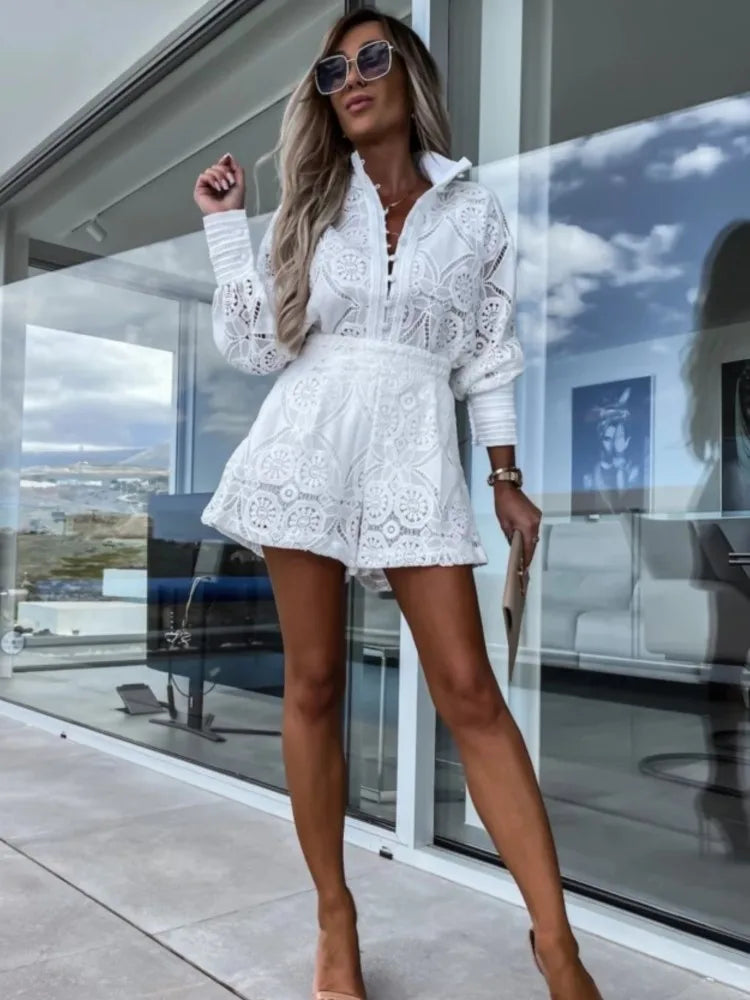 Vintage White Lace Shirt & Shorts Set – Women’s Spring/Summer 2-Piece Elegant Outfit