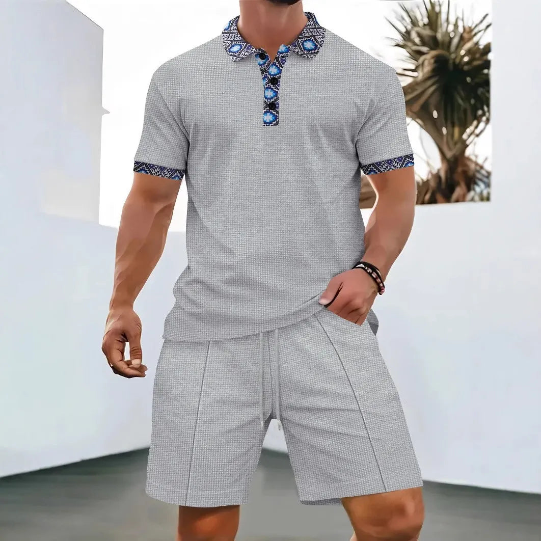 Men’s Summer Waffle Zip-Up Short Sleeve Set – Solid Color Shorts & Top