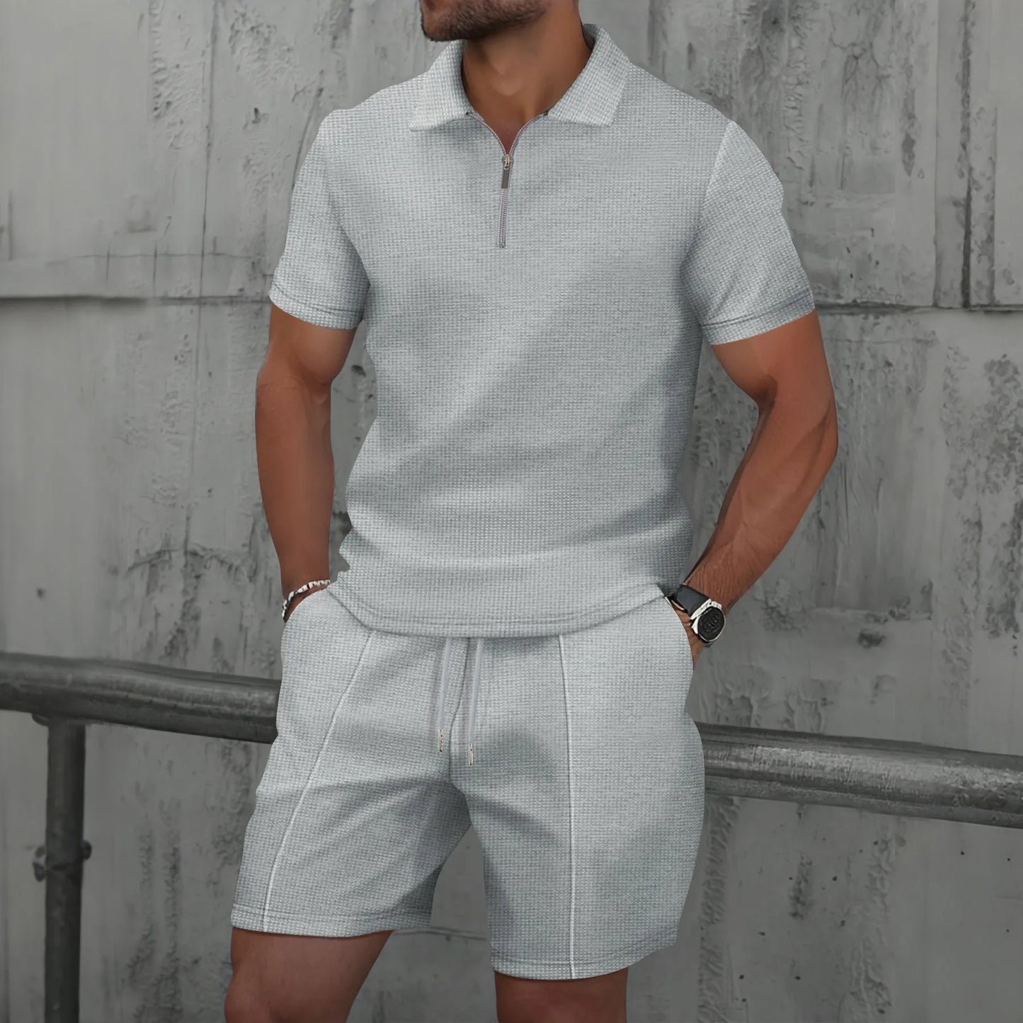 Men’s Summer Waffle Zip-Up Short Sleeve Set – Solid Color Shorts & Top