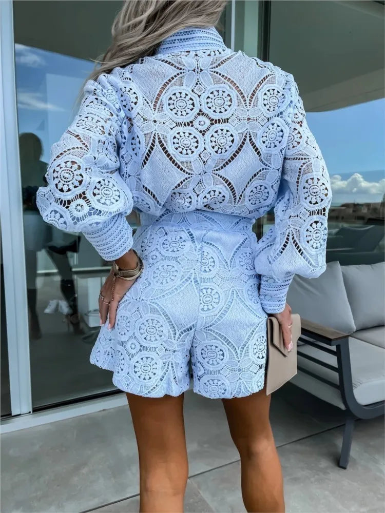 Vintage White Lace Shirt & Shorts Set – Women’s Spring/Summer 2-Piece Elegant Outfit