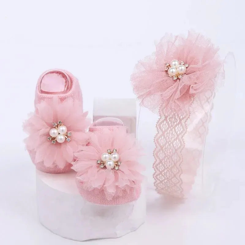 Pearl Bow Baby Headband & Non-Slip Cotton Socks Set