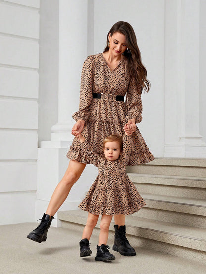 “Mom & Me Leopard Bow Dress – V-Neck, Long Sleeve, Ruffle Hem & High Waist”