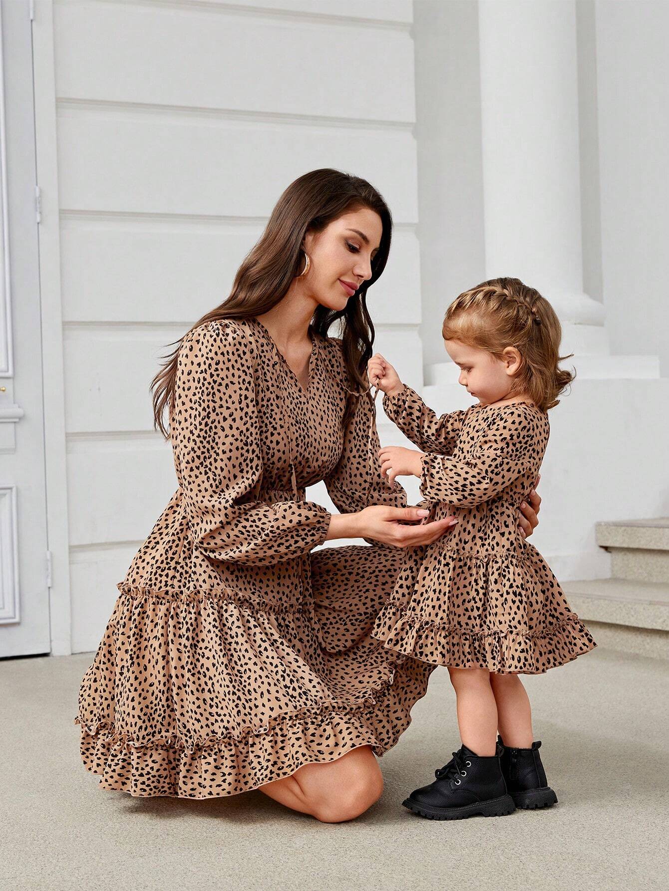 “Mom & Me Leopard Bow Dress – V-Neck, Long Sleeve, Ruffle Hem & High Waist”