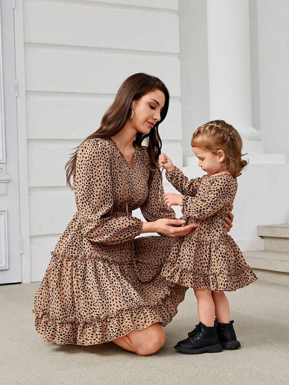 “Mom & Me Leopard Bow Dress – V-Neck, Long Sleeve, Ruffle Hem & High Waist”