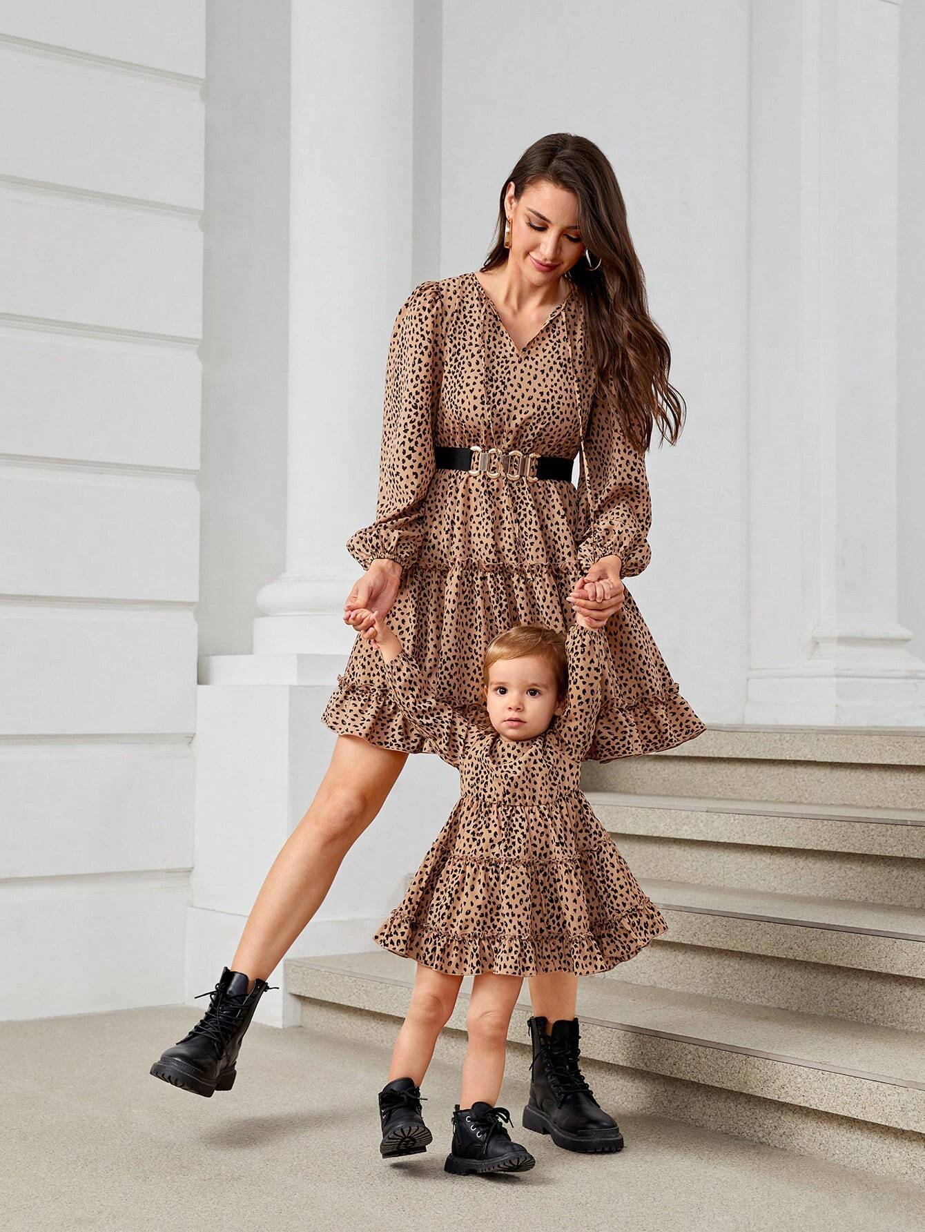 Girls' Leopard Print Ruffle Dress – V-Neck, Belted Waist & Layered Hem