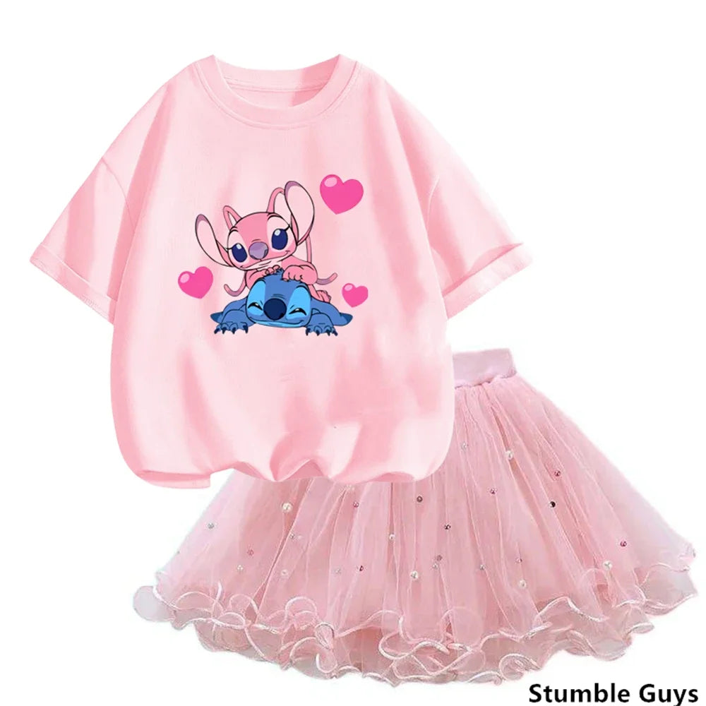 Summer Kids Party Outfit – Fluffy Tutu Skirt & Stitch Tee Set for Girls