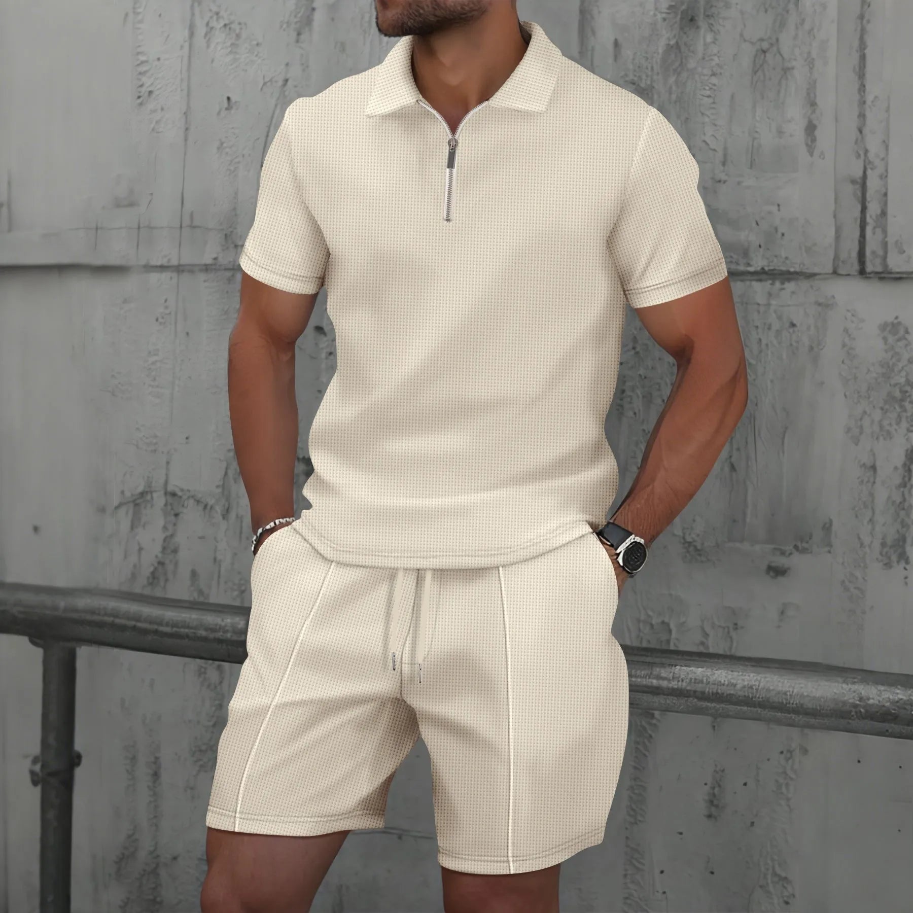 Men’s Summer Waffle Zip-Up Short Sleeve Set – Solid Color Shorts & Top