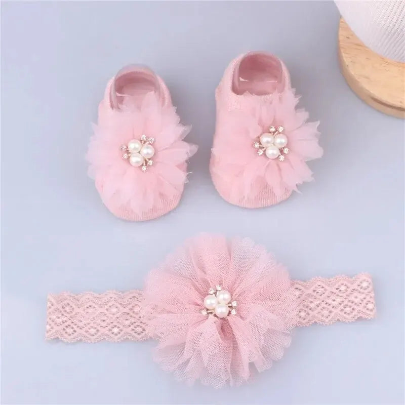 Pearl Bow Baby Headband & Non-Slip Cotton Socks Set