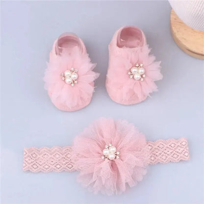 Pearl Bow Baby Headband & Non-Slip Cotton Socks Set