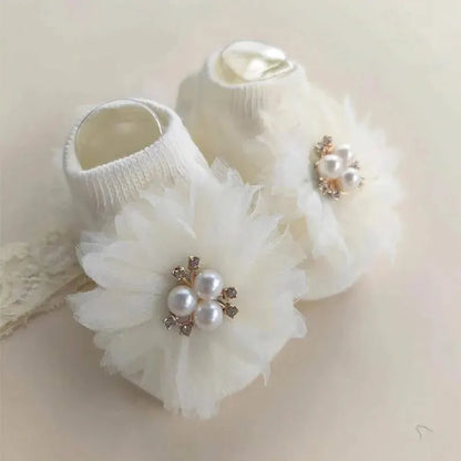 Pearl Bow Baby Headband & Non-Slip Cotton Socks Set