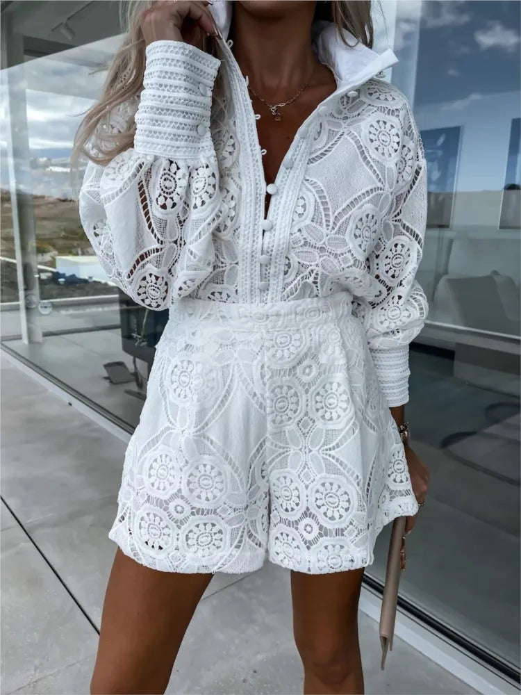 Vintage White Lace Shirt & Shorts Set – Women’s Spring/Summer 2-Piece Elegant Outfit